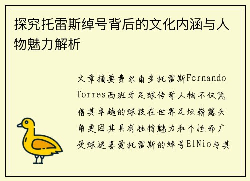 探究托雷斯绰号背后的文化内涵与人物魅力解析 探究托雷斯绰号背后的文化内涵与人物魅力解析
